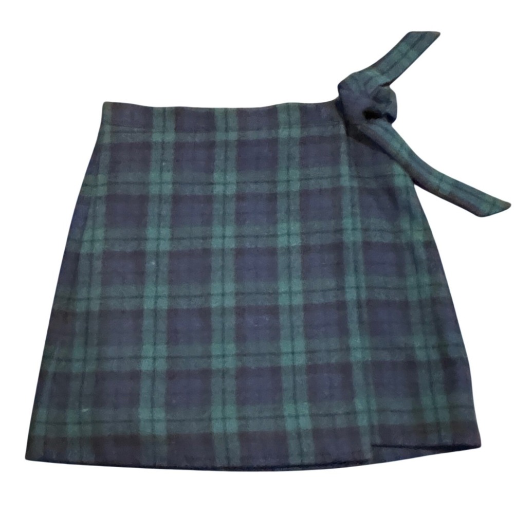 J.Crew Black Tartan Plaid Wool Blend Side Tie Old Money Mini Skirt Green Navy 4